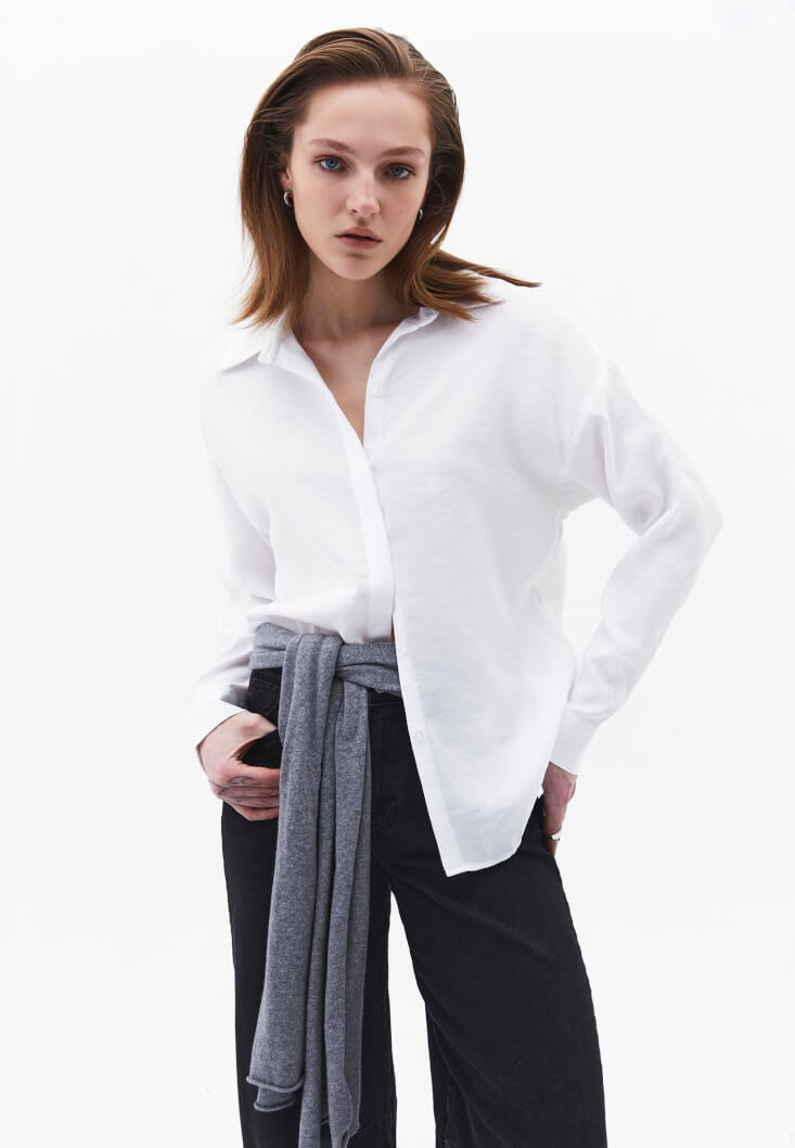 Beyaz Modal Oversize Gömlek